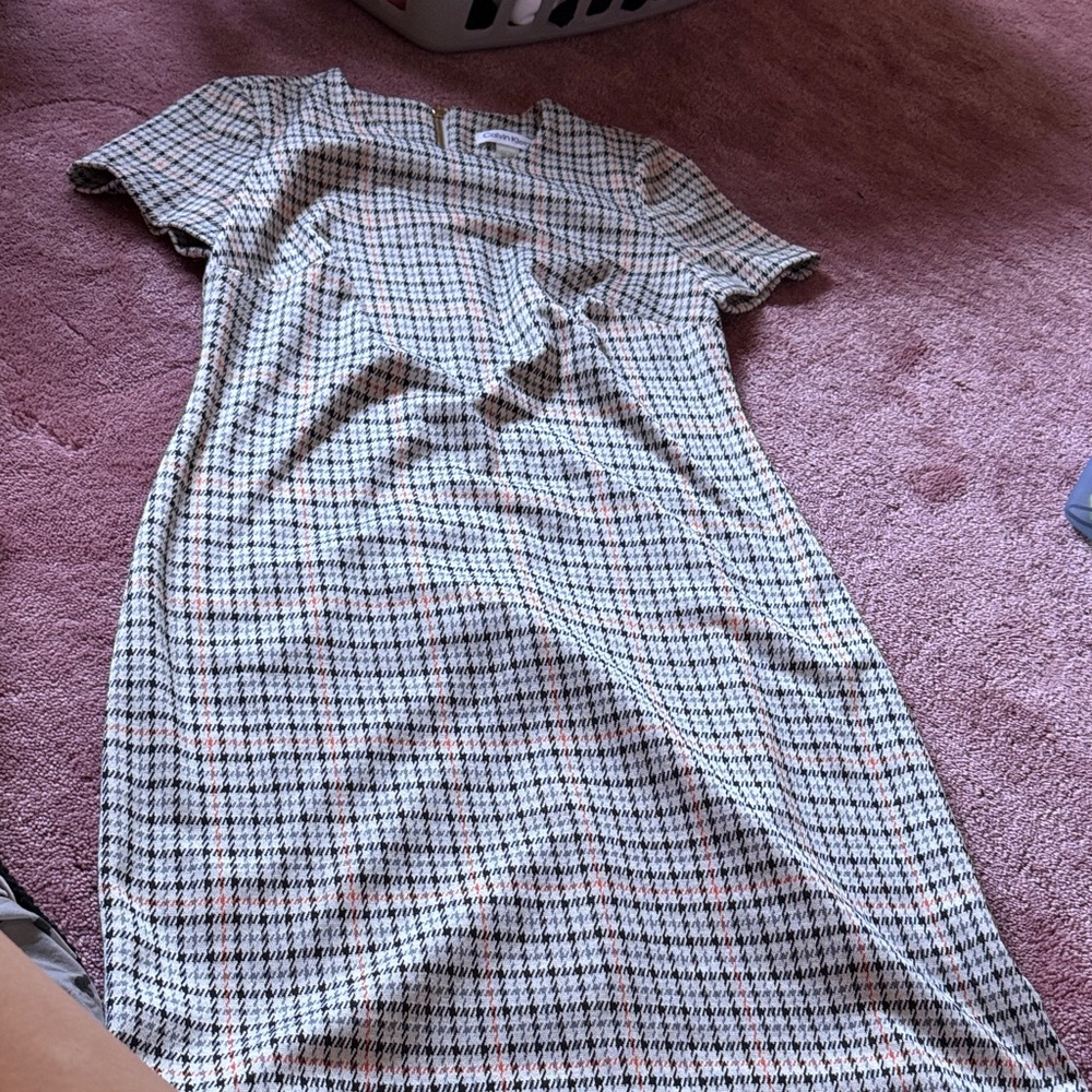 Calvin Klein Plaid Midi Dress - Black, White, Tan